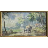 A Malay watercolour of a country scene, signed, framed and glazed, 21 x 38cm.Condition report: An