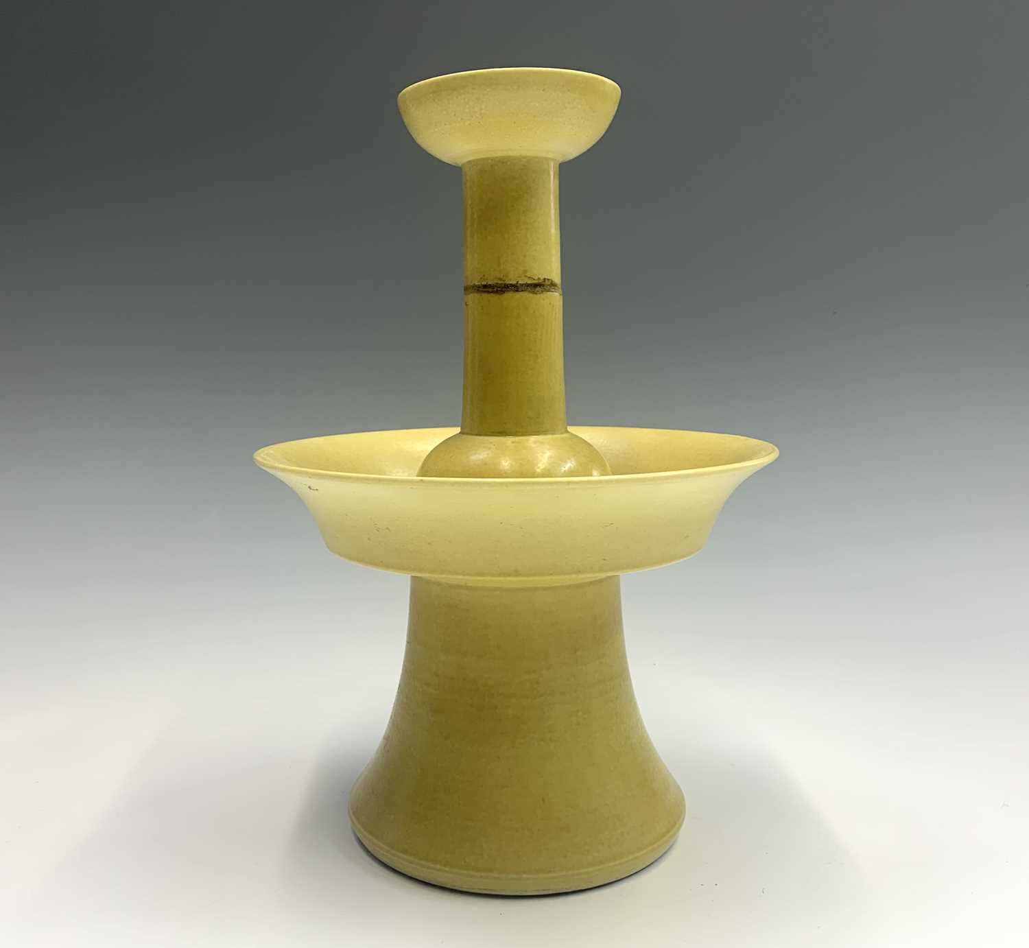 A Chinese yellow glazed porcelain candlestick holder, 18th/19th century, with a four-character - Image 2 of 28