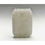 A Chinese carved jade pendant, with figures in a landscape, six character marks to reverse, 6 x 4cm,