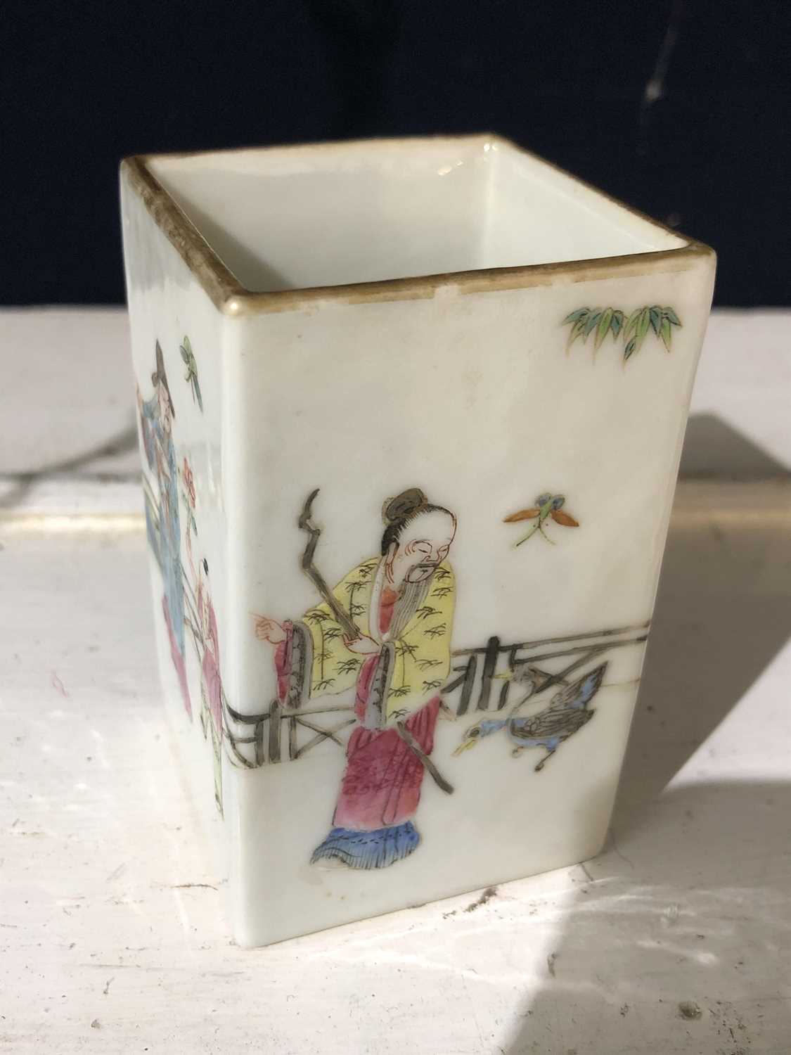 A Chinese famille rose porcelain square brush pot, 19th century, the garden scene with figures, - Image 7 of 8