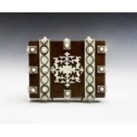 An Indian treen and ivory card case, 19th century, with pierced ivory medallions, 11 x 9cm.Condition