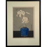 A Japanese woodcut print, signed in pencil Urushibara, with original paper label to verso