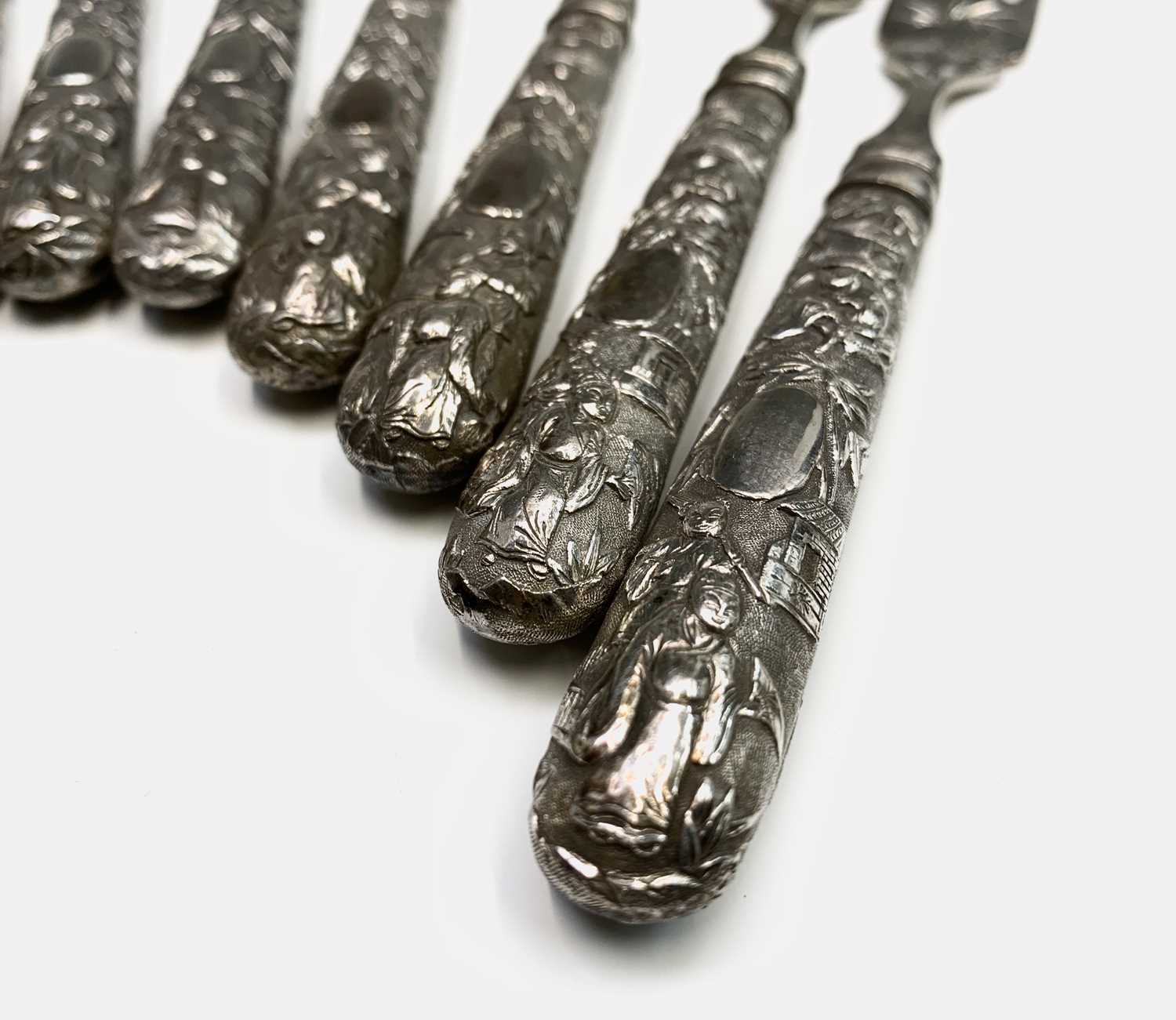A set of six Chinese silver dessert knives and forks, the prongs with impressed character mark and - Image 5 of 9