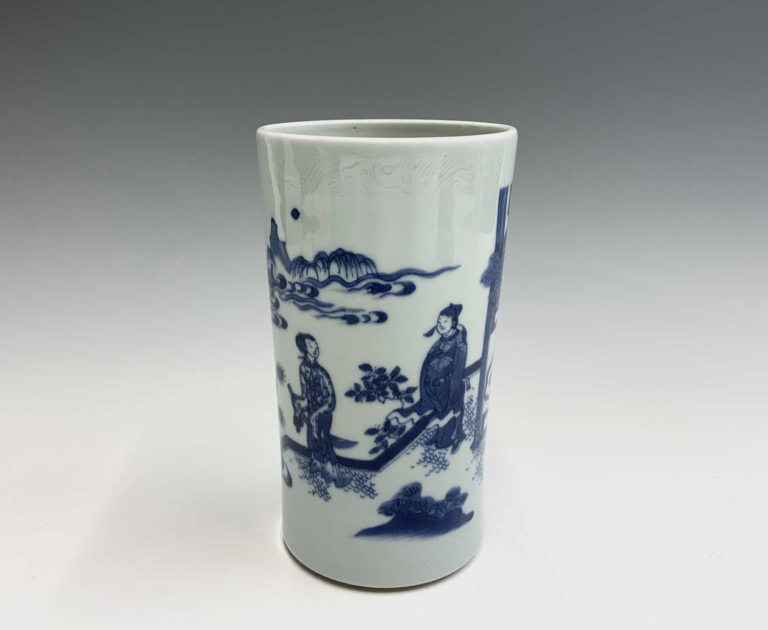 A Chinese blue and white porcelain transitional brush pot, of slender cylindrical form, decorated on - Image 13 of 31