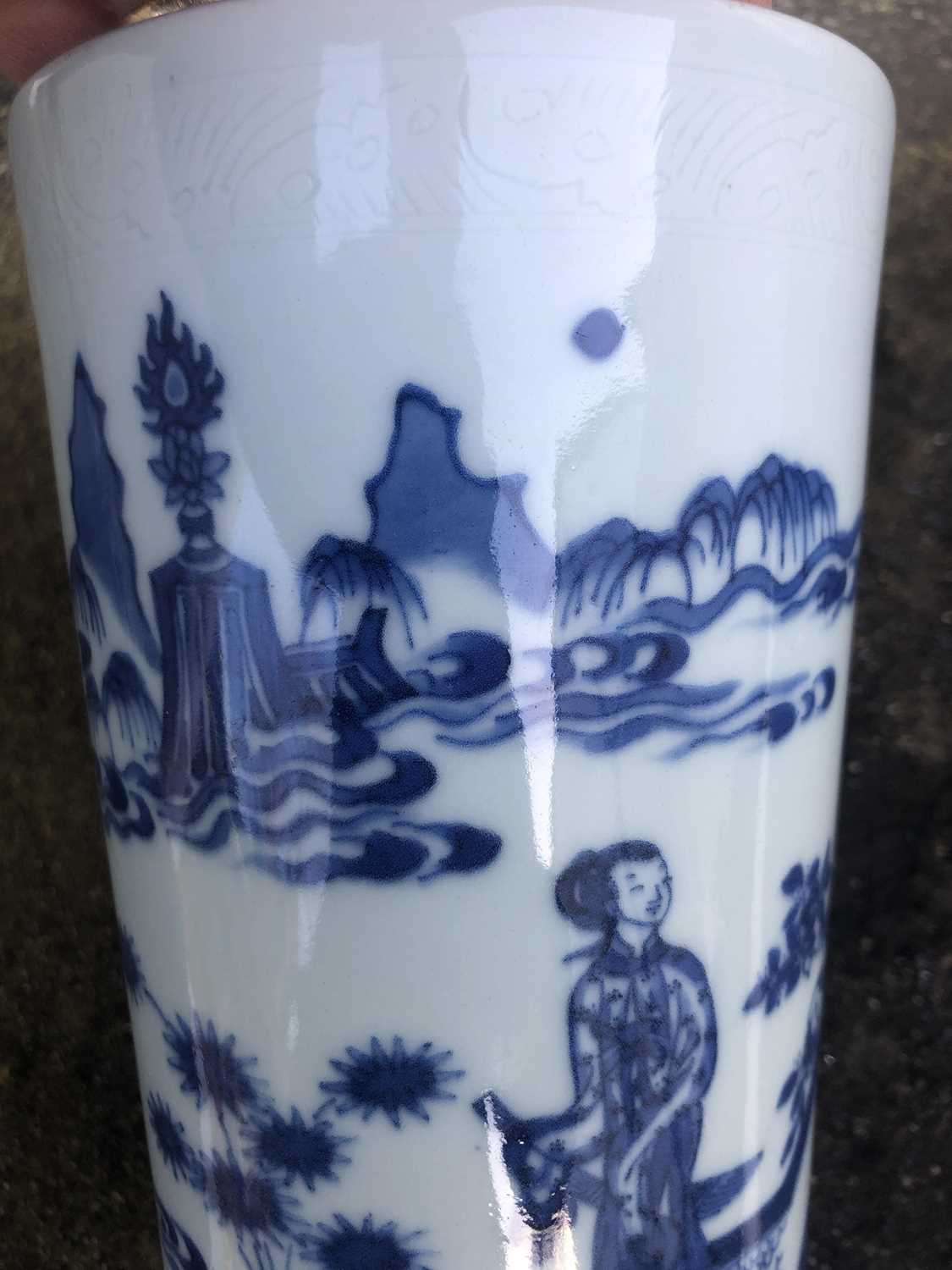 A Chinese blue and white porcelain transitional brush pot, of slender cylindrical form, decorated on - Image 23 of 31