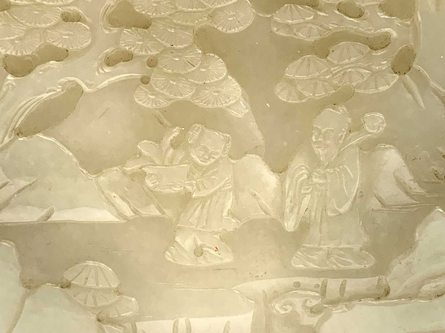 A Chinese carved jade and hardwood table screen, possibly Qianlong, carved with figures beneath - Image 11 of 17