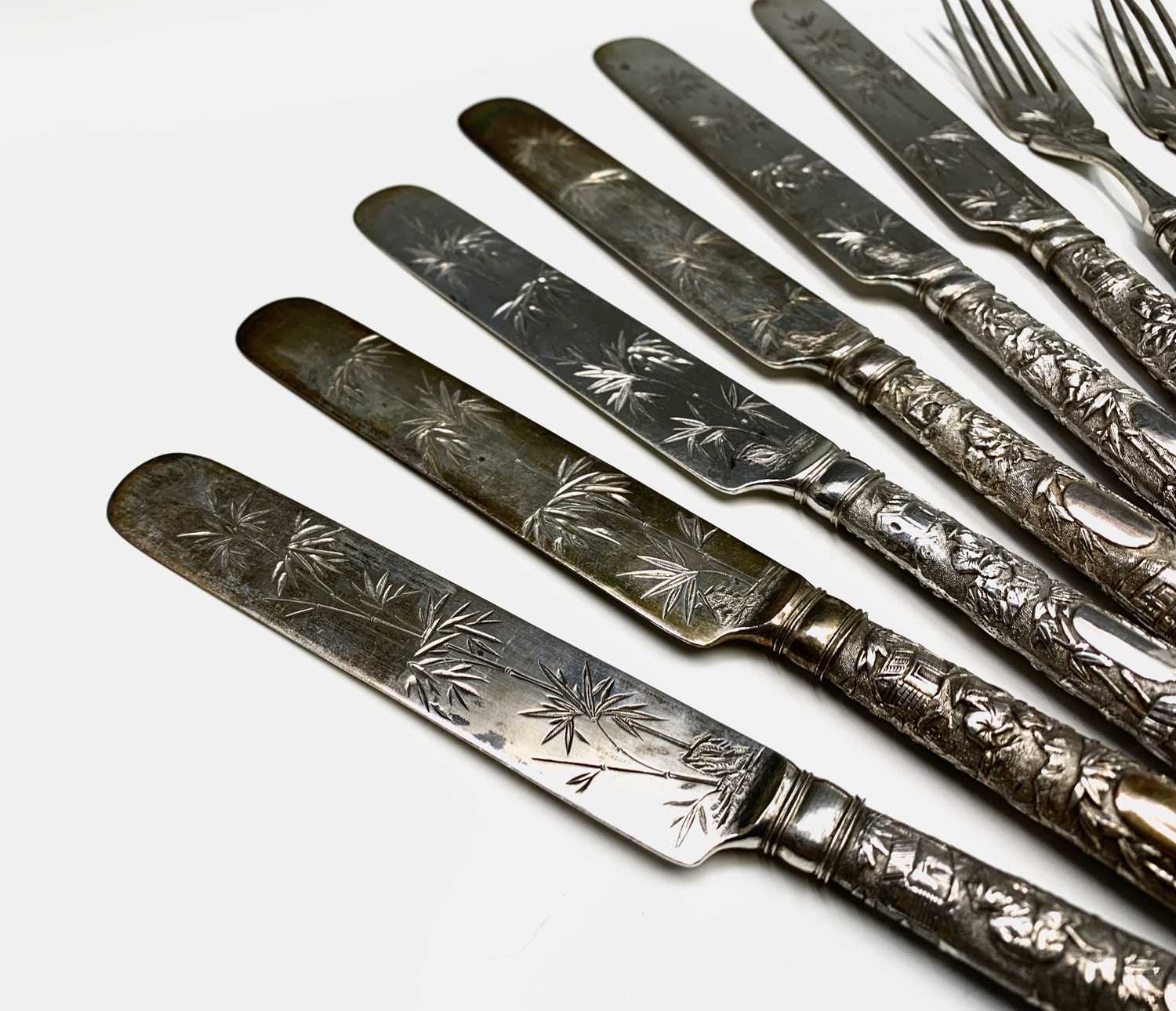 A set of six Chinese silver dessert knives and forks, the prongs with impressed character mark and - Image 2 of 9