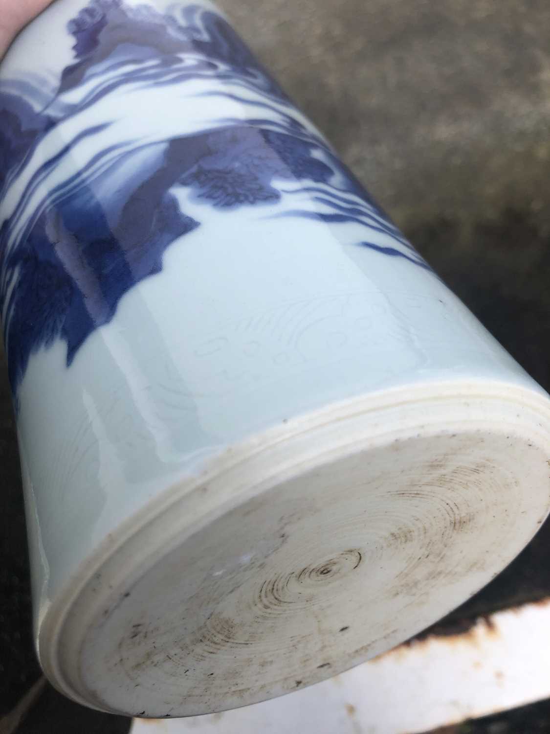 A Chinese blue and white porcelain transitional brush pot, of slender cylindrical form, decorated on - Image 28 of 31