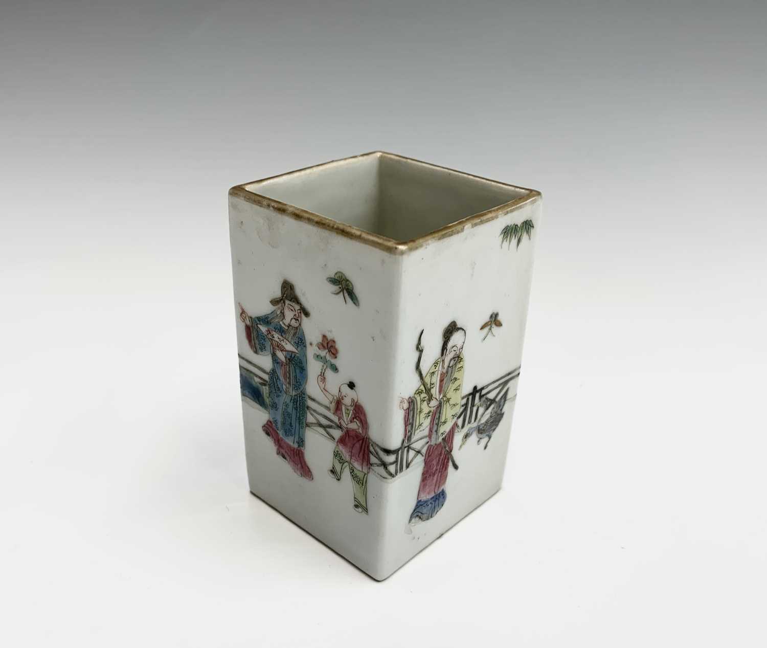 A Chinese famille rose porcelain square brush pot, 19th century, the garden scene with figures, - Image 5 of 8