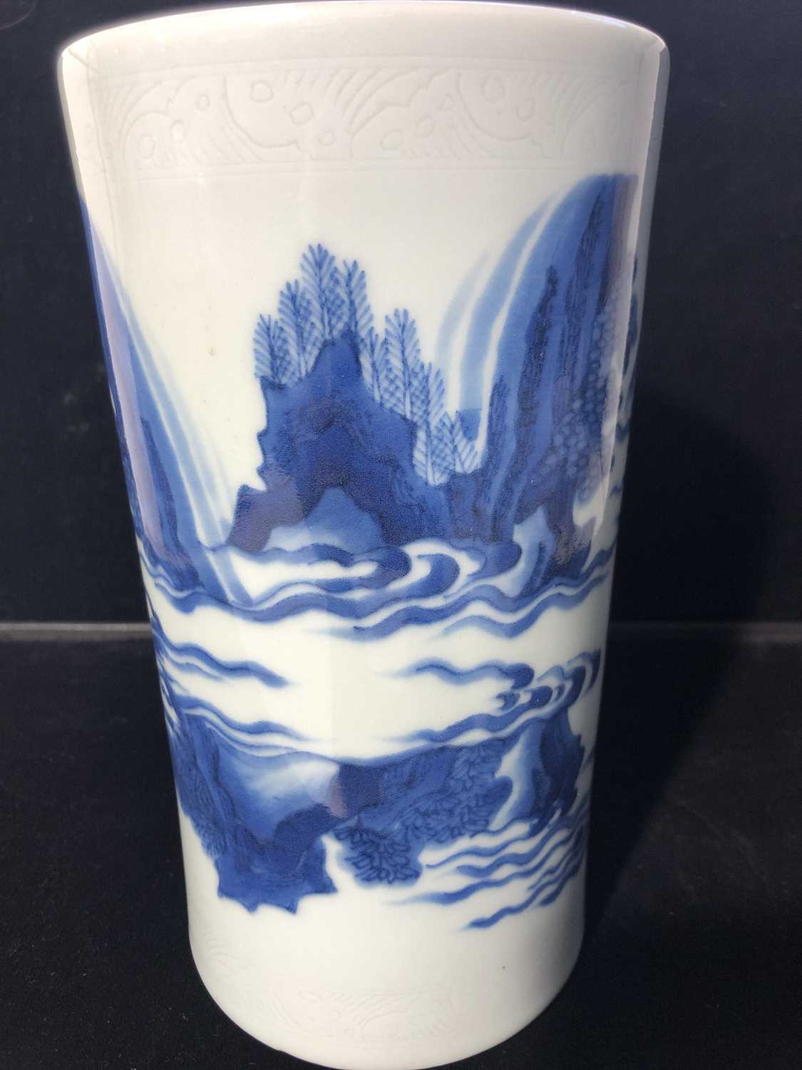 A Chinese blue and white porcelain transitional brush pot, of slender cylindrical form, decorated on - Image 8 of 31