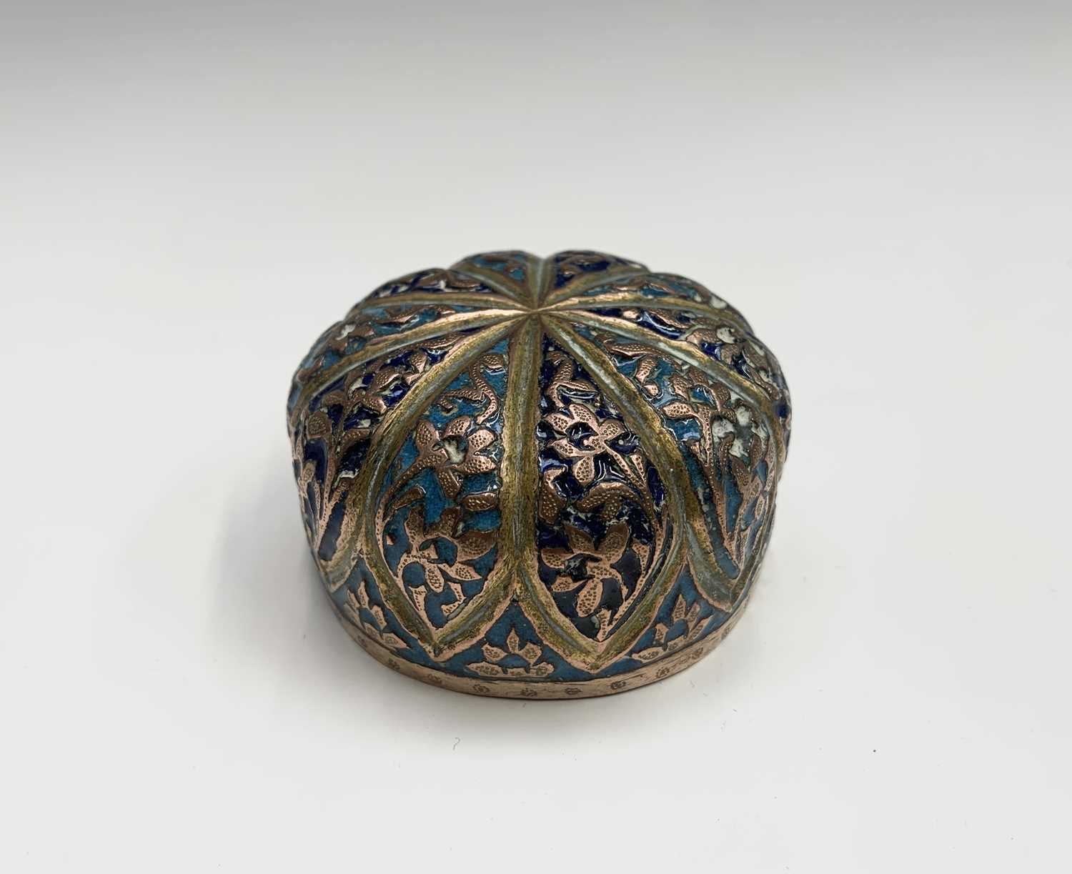 A Persian enamelled copper vase and cover, 19th century, the navy and sky blue panels each enclosing - Image 5 of 9