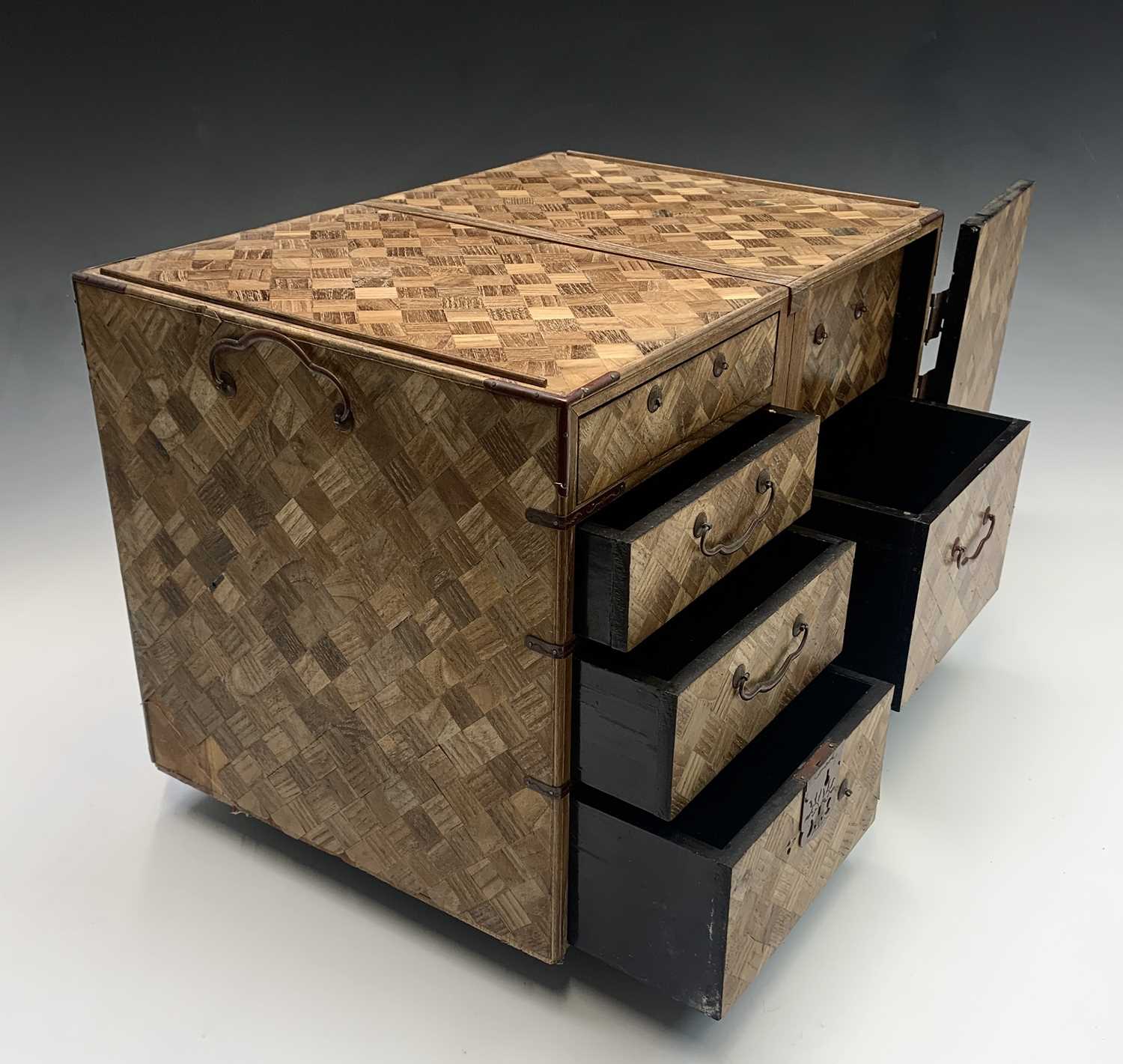 A Japanese parquetry jewellery cabinet, Meiji Period, with five drawers and a door opening to reveal - Image 3 of 5