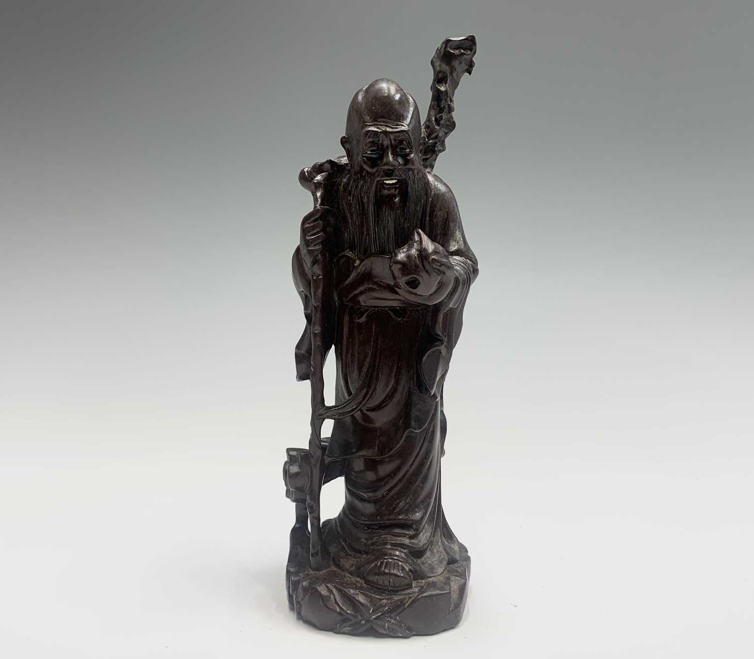 A Chinese hardwood figure of Shoulao, holding a peach and a staff, height 21cm, together with four - Image 12 of 13
