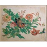 A Chinese watercolour on rice paper of a butterfly and insects on a rose and lillies, framed and