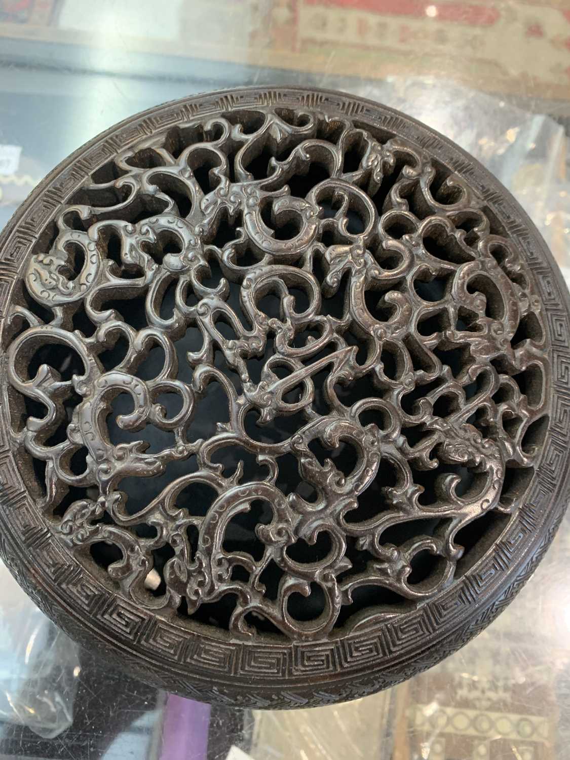 A Chinese Zitan wood circular box and cover, 18th century, the pierced cover carved with nine - Image 21 of 25