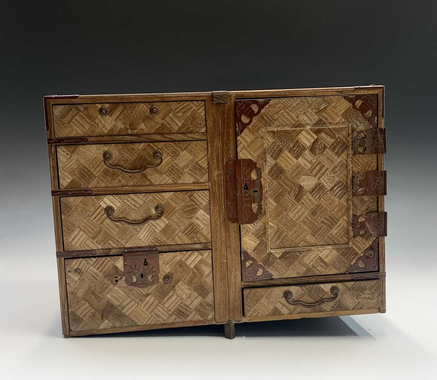 A Japanese parquetry jewellery cabinet, Meiji Period, with five drawers and a door opening to reveal - Image 5 of 5