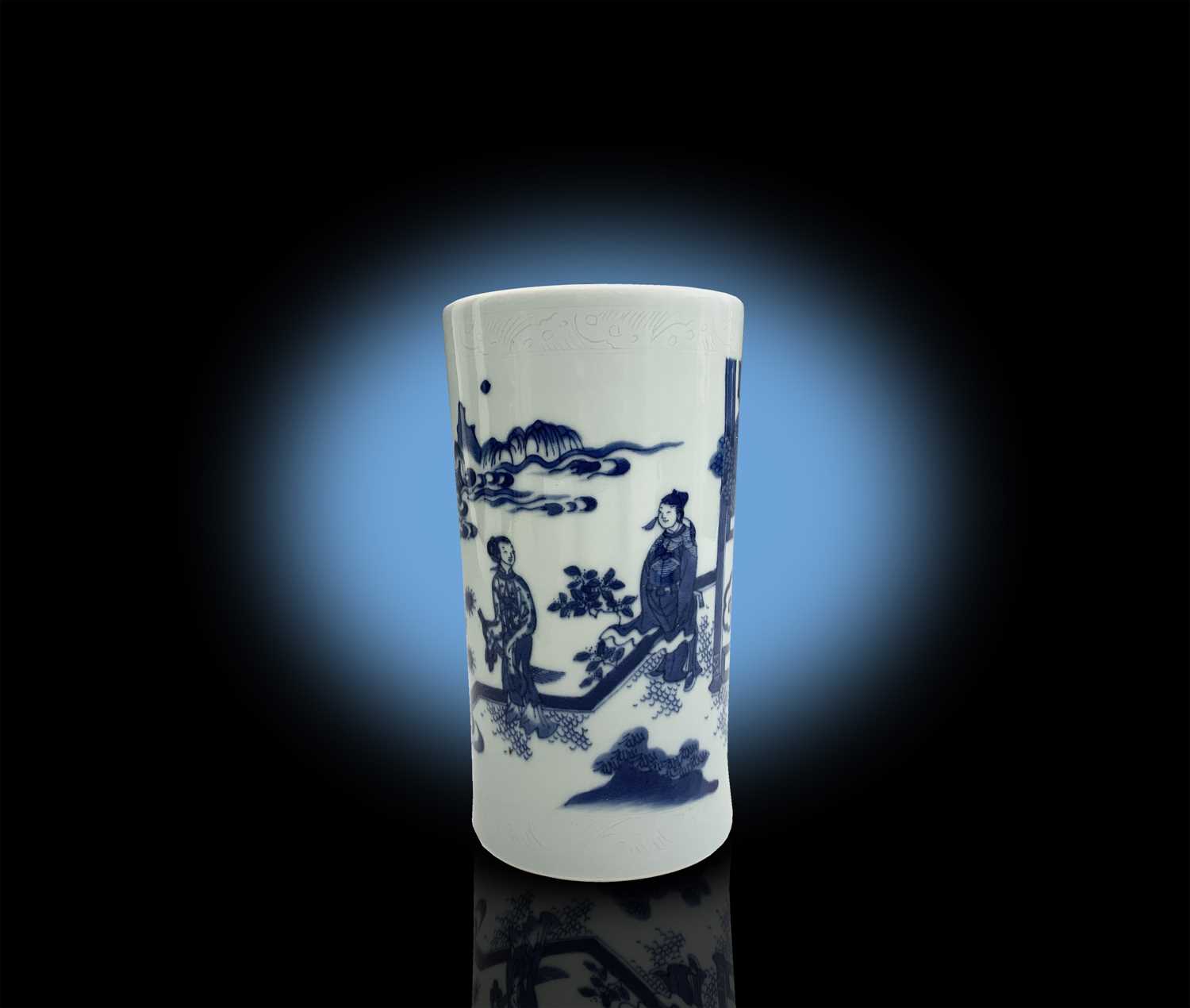 A Chinese blue and white porcelain transitional brush pot, of slender cylindrical form, decorated on - Image 14 of 31