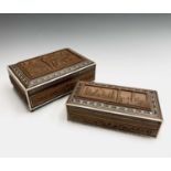 Two Indian sandalwood boxes, circa 1900, the larger with micro mosaic inlay and carved with