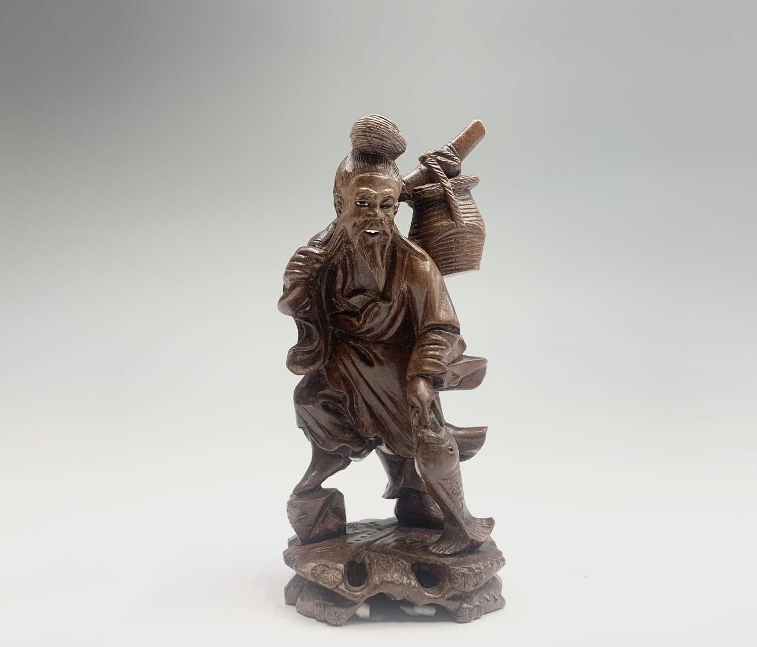 A Chinese hardwood figure of Shoulao, holding a peach and a staff, height 21cm, together with four - Image 7 of 13