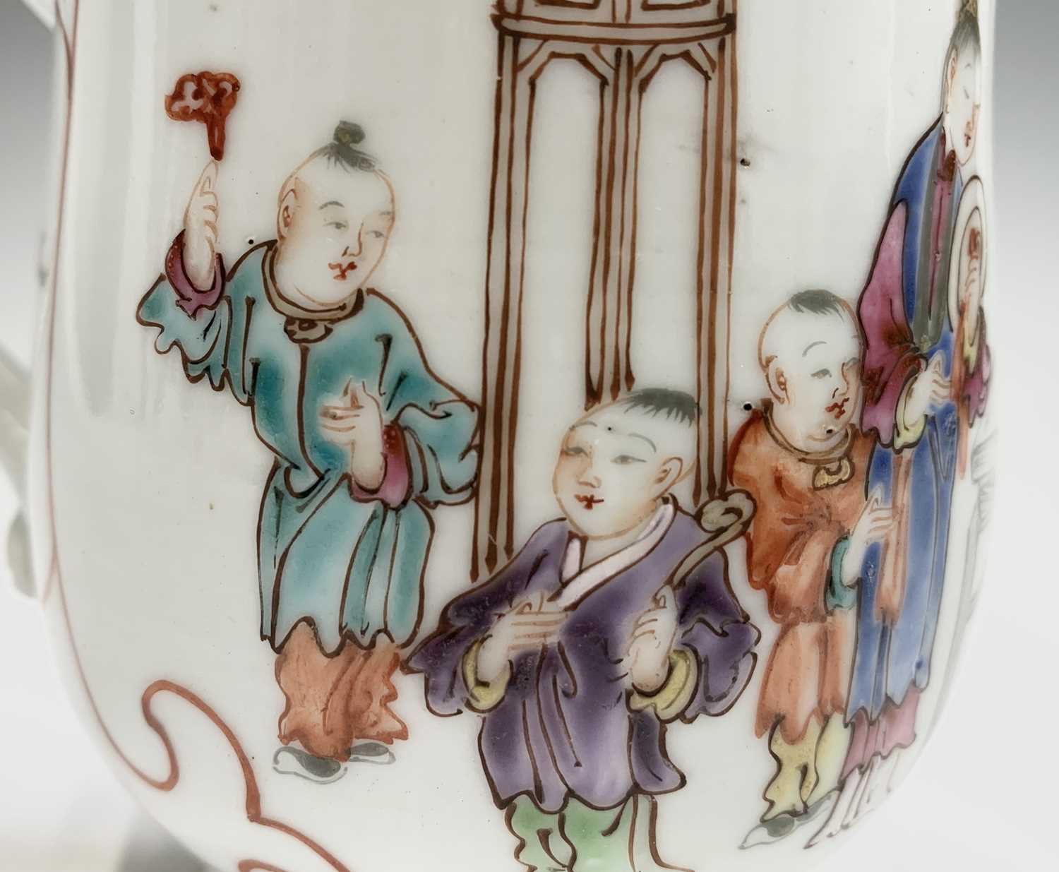 A Chinese famille rose export porcelain mug, 18th century, depicting an interior scene with a - Image 3 of 11