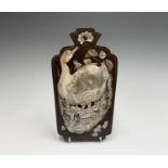 A Chinese hardwood and mother of pearl wall pocket, early 20th century, depicting a goose and