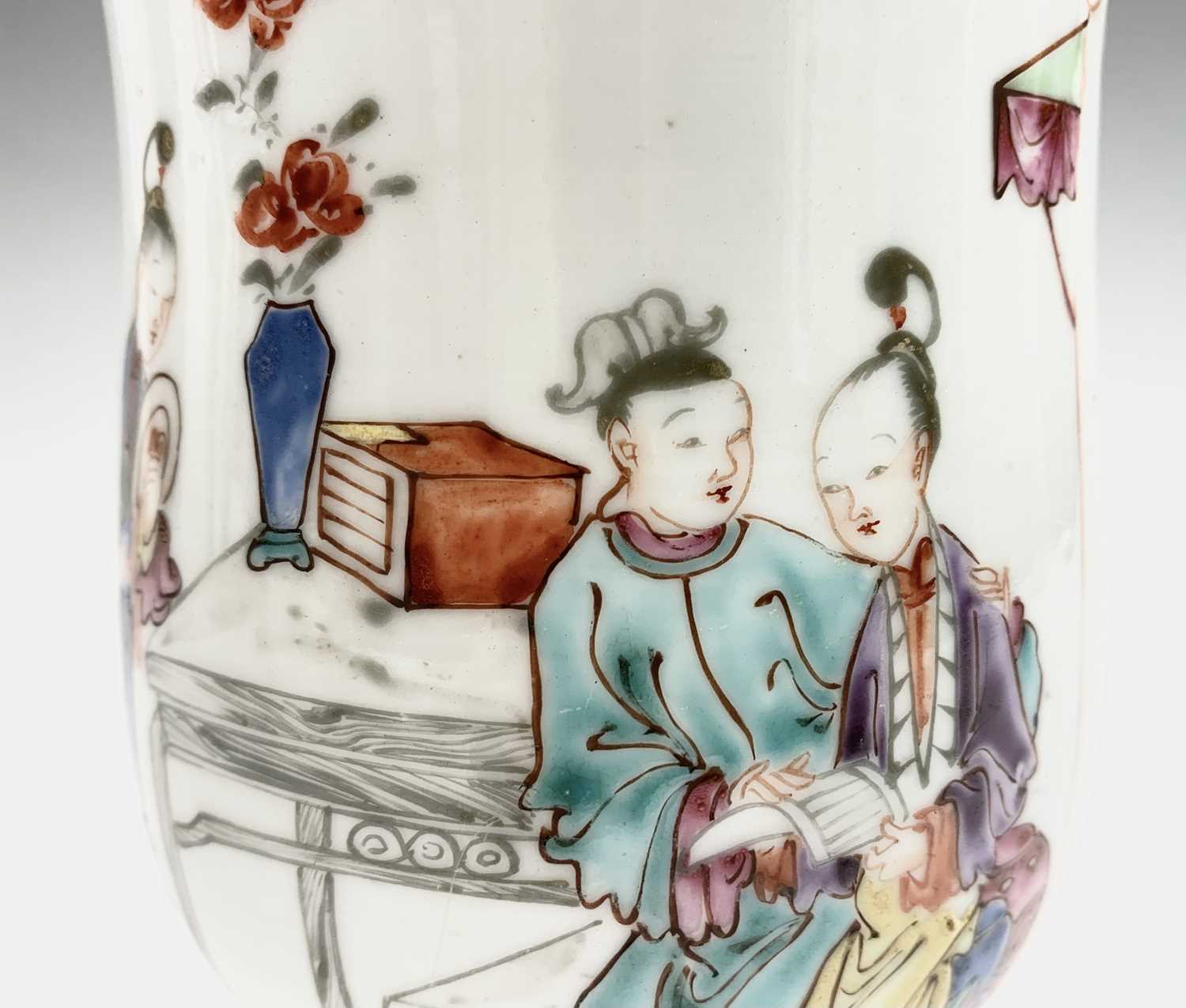 A Chinese famille rose export porcelain mug, 18th century, depicting an interior scene with a - Image 2 of 11