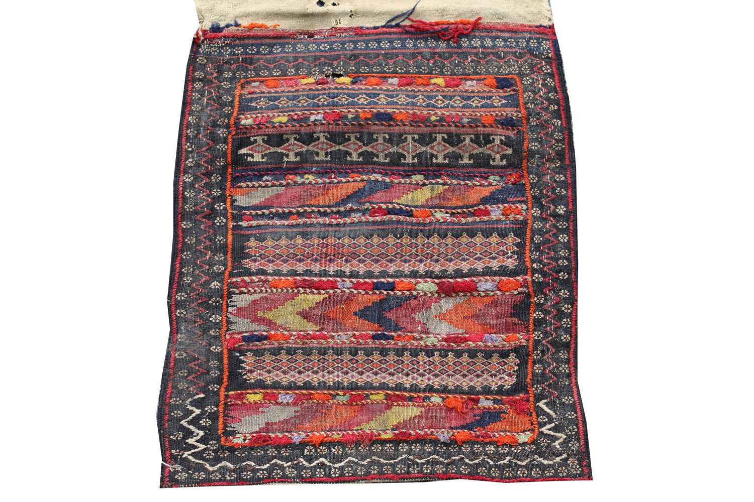 A Persian flatweave saddle bag, 19th century, with brightly coloured horizontal bands filled with - Image 3 of 6