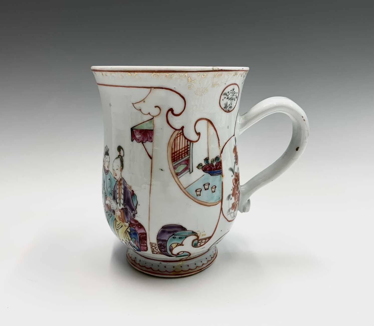 A Chinese famille rose export porcelain mug, 18th century, depicting an interior scene with a