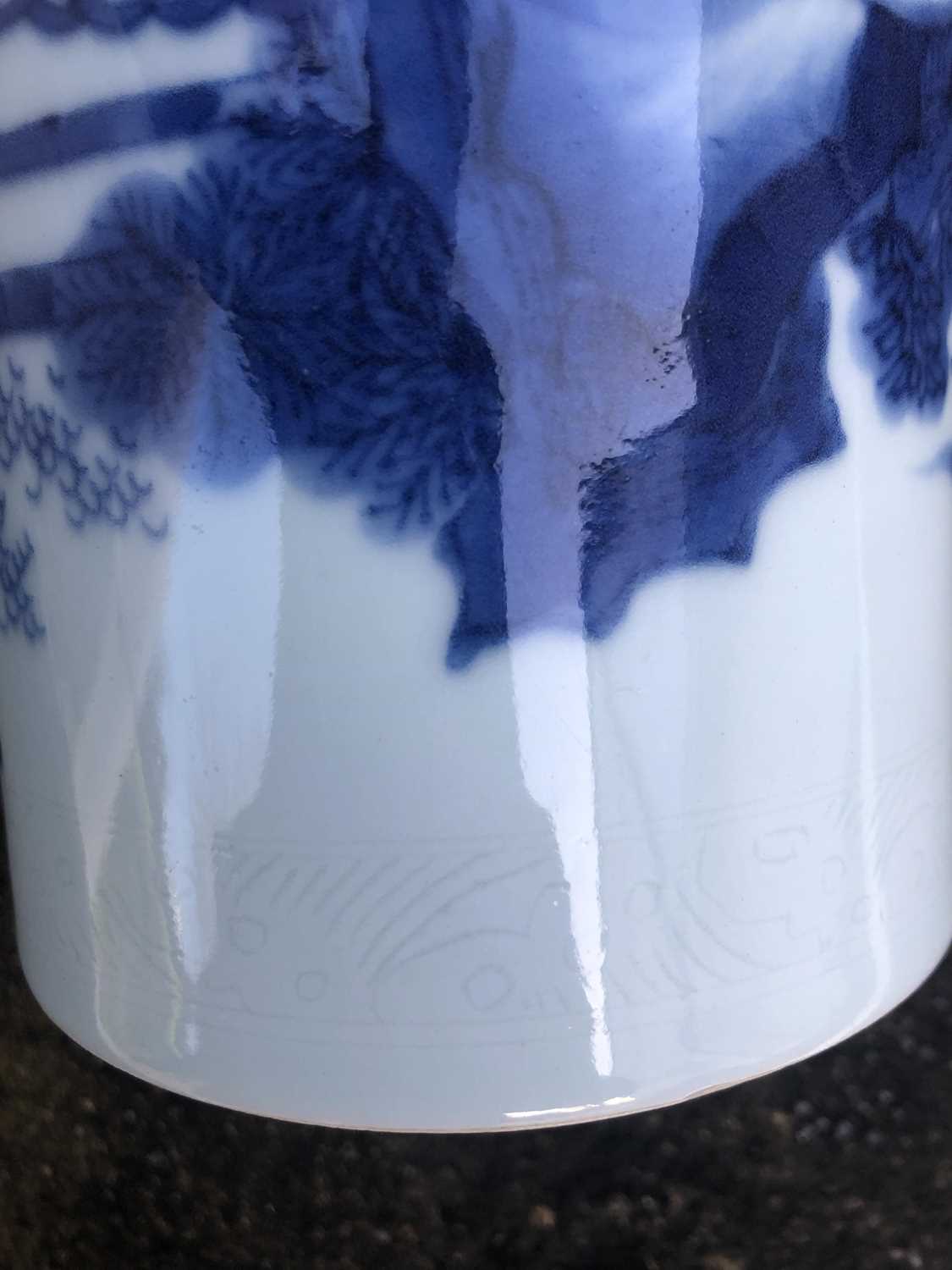 A Chinese blue and white porcelain transitional brush pot, of slender cylindrical form, decorated on - Image 18 of 31