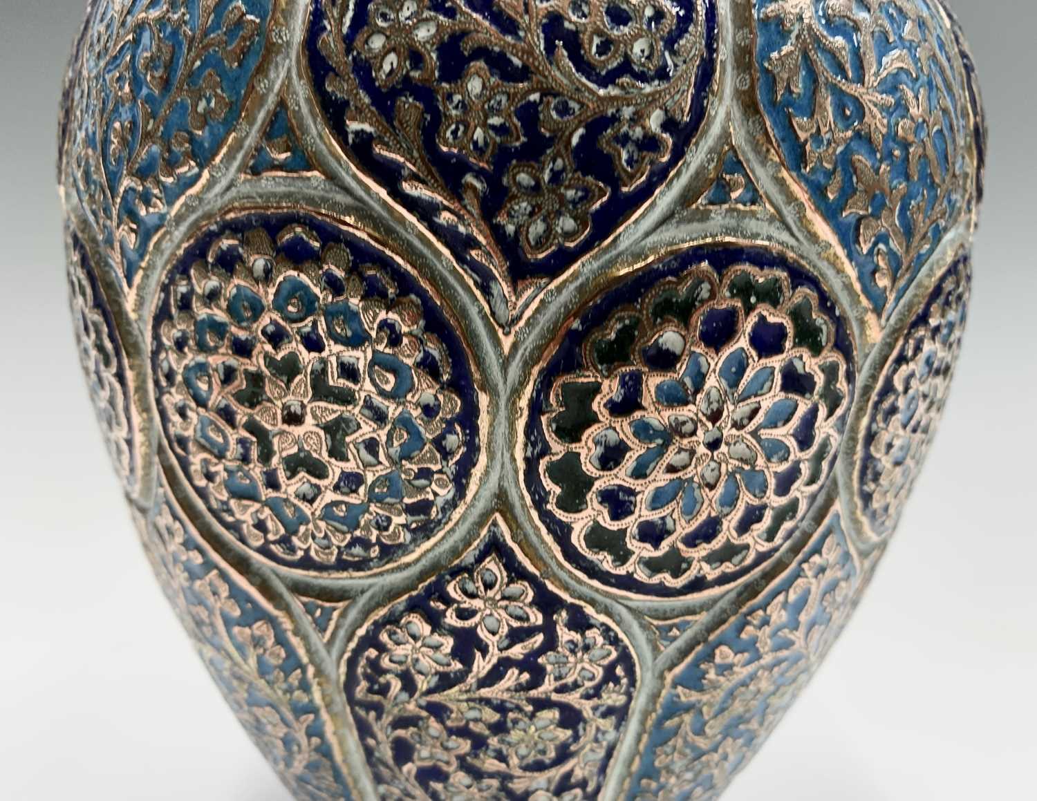 A Persian enamelled copper vase and cover, 19th century, the navy and sky blue panels each enclosing - Image 4 of 9