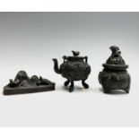 A Chinese miniature bronze koro and cover, height 9.5cm, a Chinese miniature bronze kettle, height