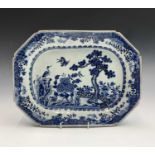 A Chinese blue and white export porcelain octagonal dish, 18th century, decorated with birds in a