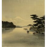 A Japanese birodo yuzen cut velvet painting of Mount Fuji, framed and glazed, frame size 97 x 92cm.