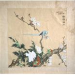 A Chinese painting on silk of exotic birds perched on the branch of a flowering tree, character