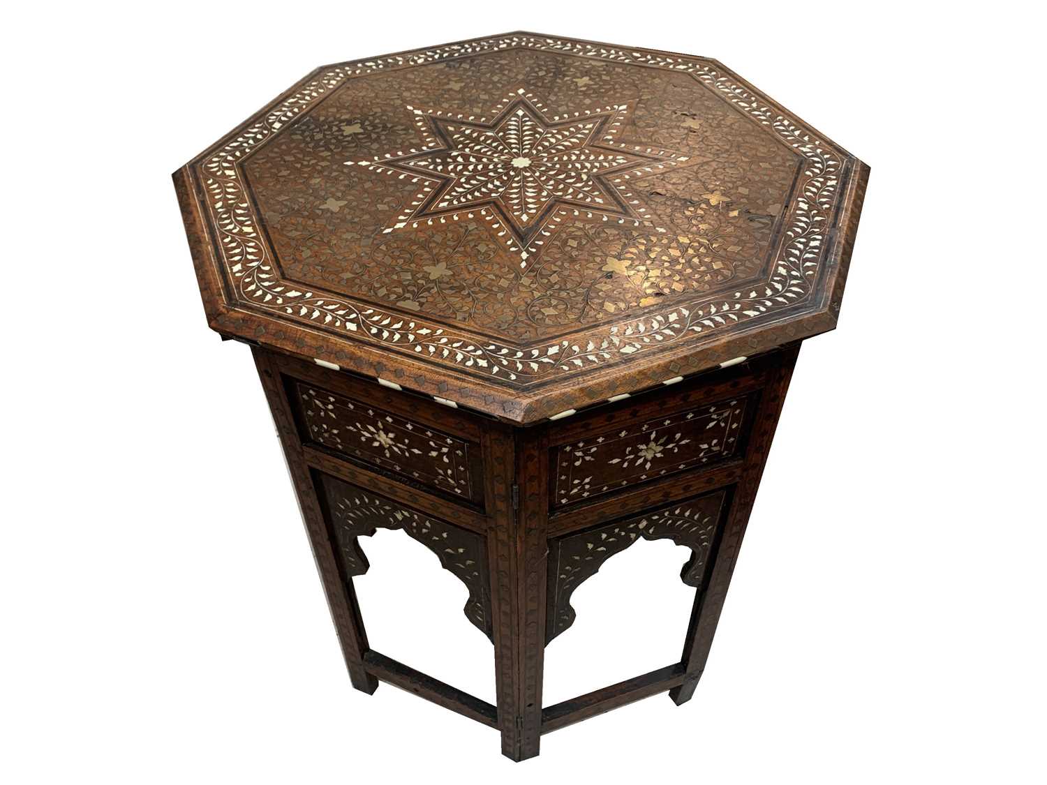 A Hoshiarpur folding octagonal occasional table, Northern India, circa 1880, inlaid with bone and