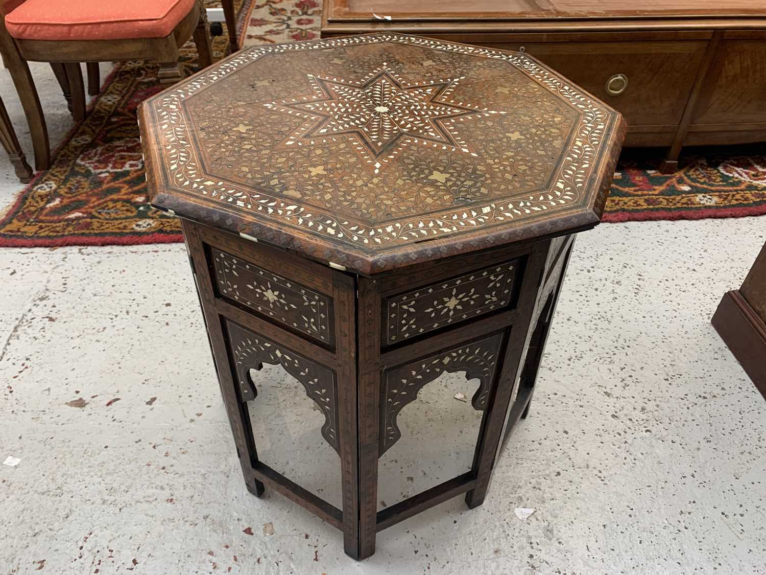 A Hoshiarpur folding octagonal occasional table, Northern India, circa 1880, inlaid with bone and - Image 3 of 4