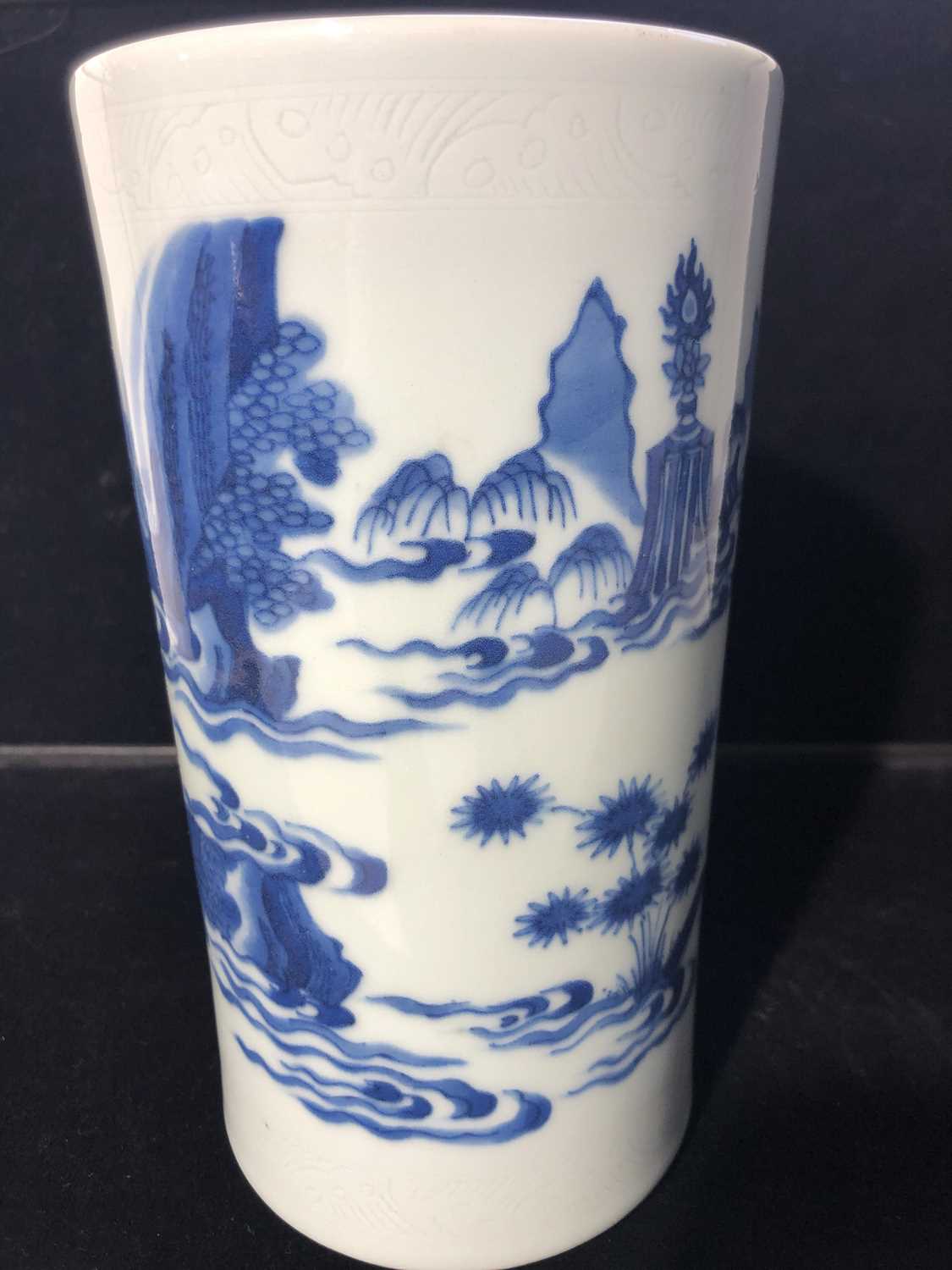 A Chinese blue and white porcelain transitional brush pot, of slender cylindrical form, decorated on - Image 7 of 31