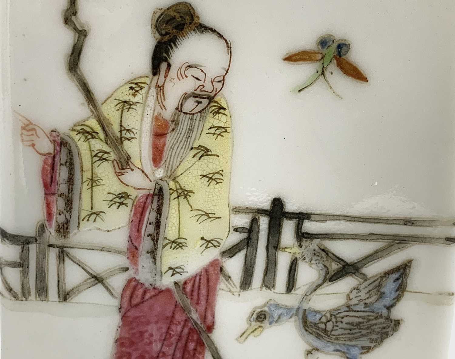 A Chinese famille rose porcelain square brush pot, 19th century, the garden scene with figures, - Image 3 of 8