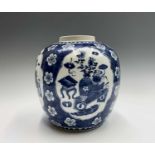 A Chinese blue and white prunus blossum porcelain ginger jar, 19th century, the four lobed panels