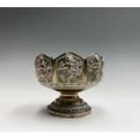 A Burmese silver pedestal bowl, late 19th century, inscribed on base rim 'H.M.S Gibraltar, Prize