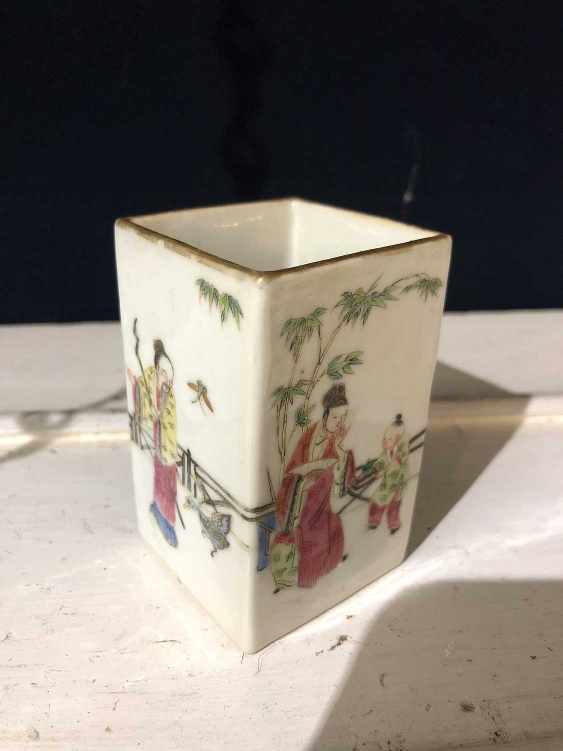 A Chinese famille rose porcelain square brush pot, 19th century, the garden scene with figures, - Image 6 of 8