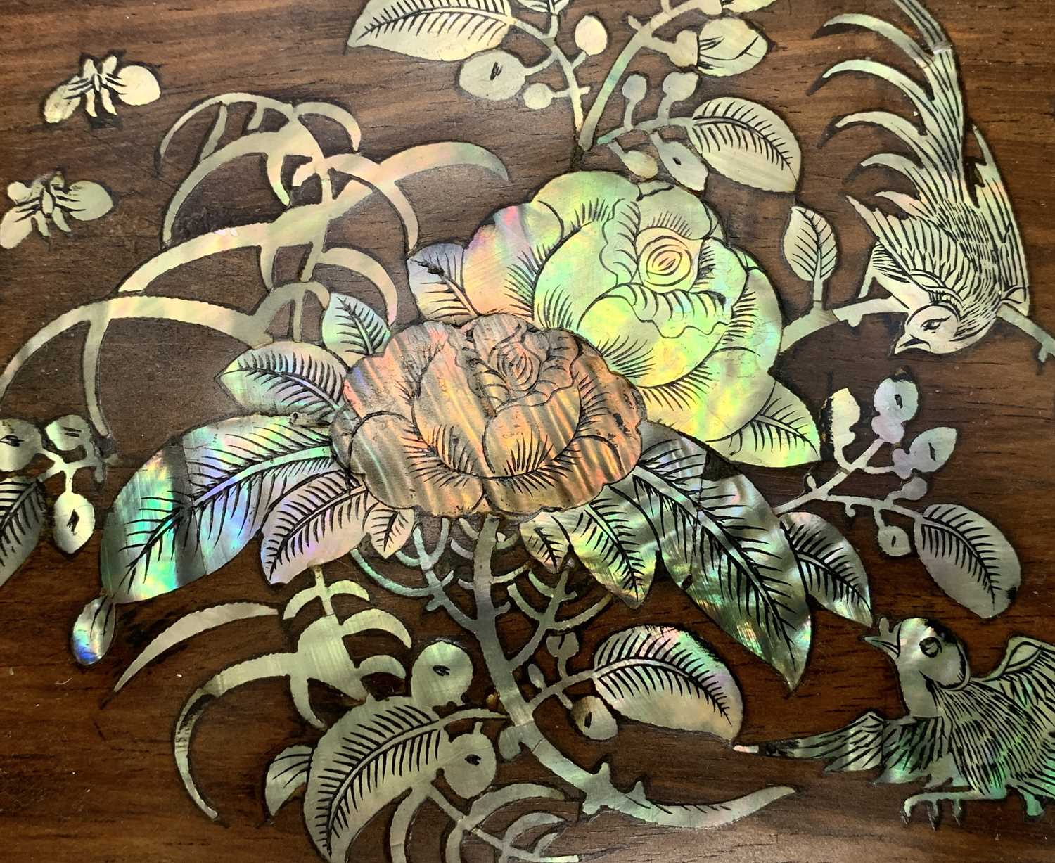 A Chinese hardwood and mother of pearl work box, the top inlaid with foliage, butterflies and a - Image 3 of 5