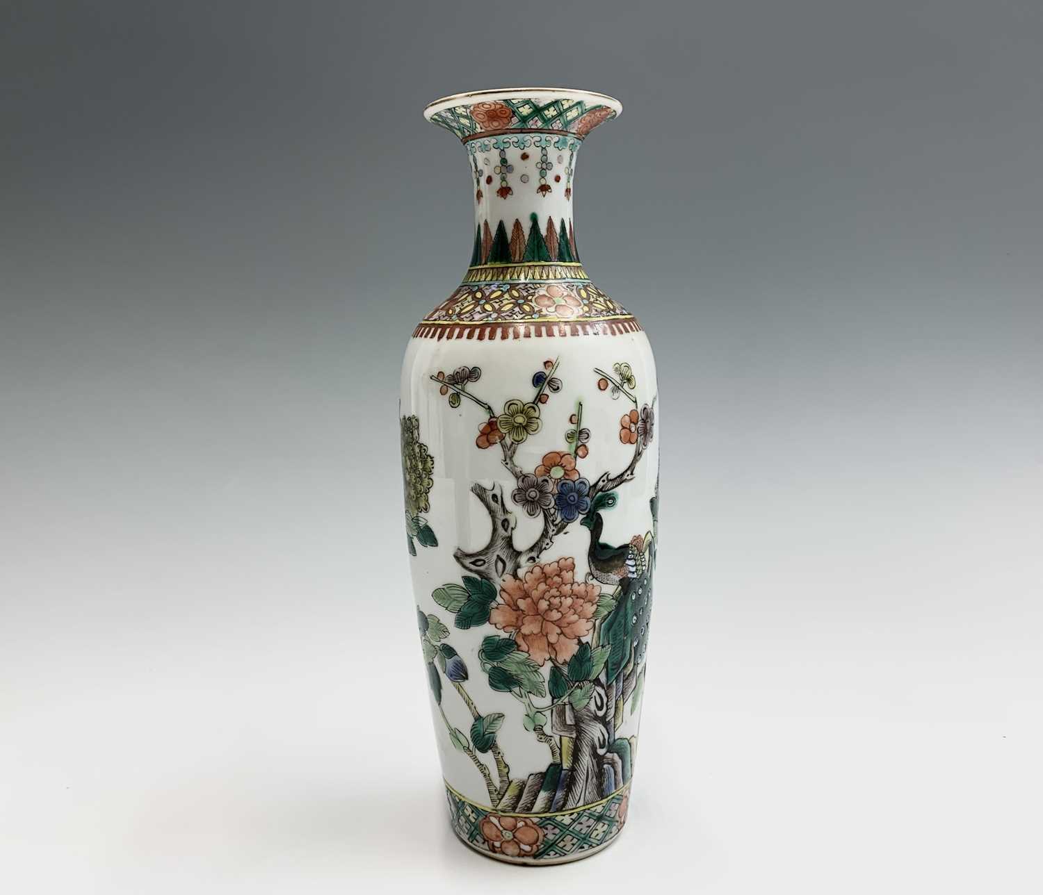 A pair of Chinese famille verte porcelain vases, Qianlong four character mark, with an exotic bird - Image 5 of 10
