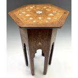 A Damascus inlaid mahogany occasional table, 19th century, the hexagonal top with floral motifs