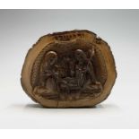 A Jerusalem olive wood plaque, with hebrew script above a nativity scene, 10 x 12.5cm.