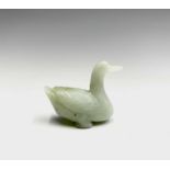 A Chinese carved jade model of a duck, height 4cm, width 5cm.