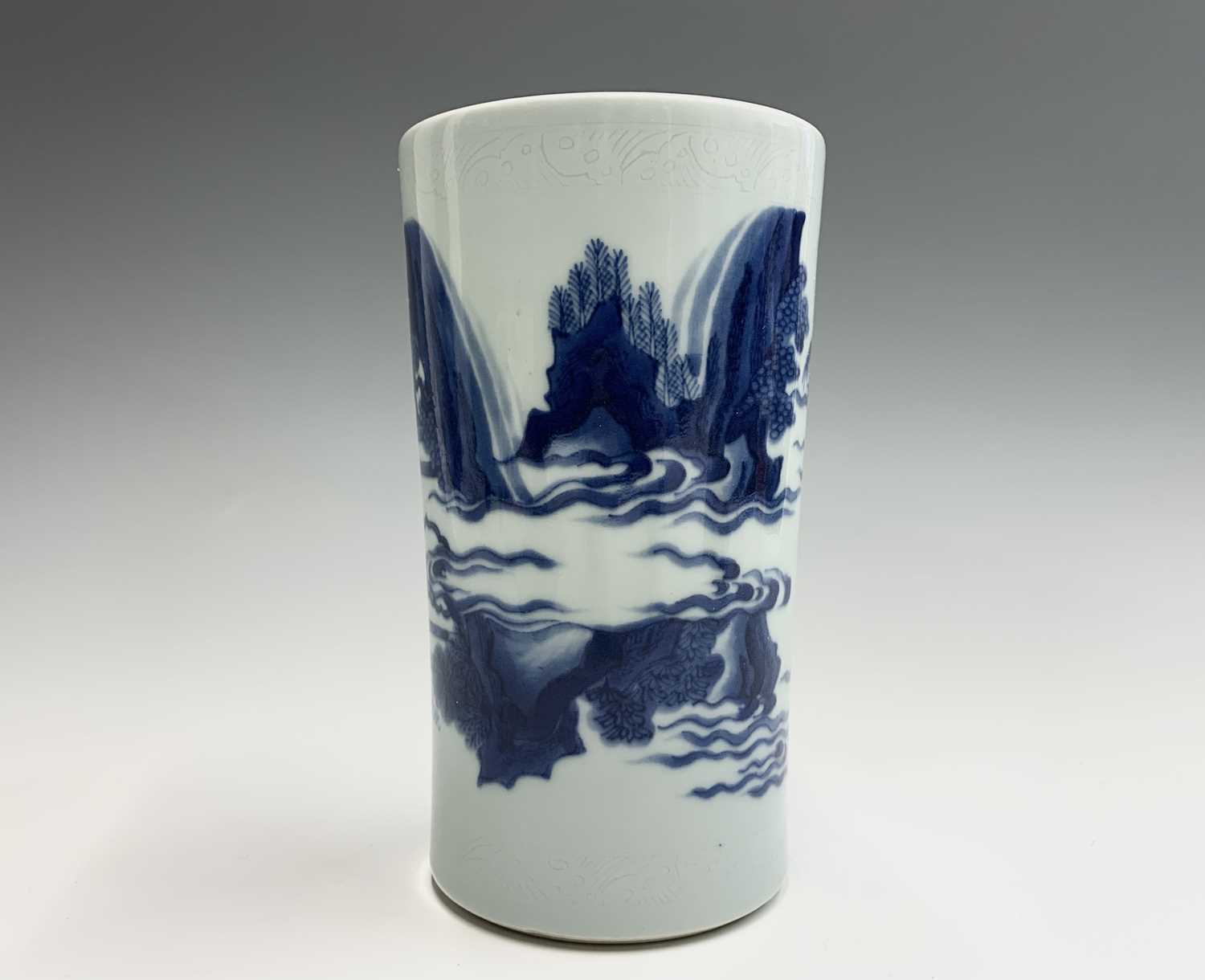 A Chinese blue and white porcelain transitional brush pot, of slender cylindrical form, decorated on - Image 3 of 31