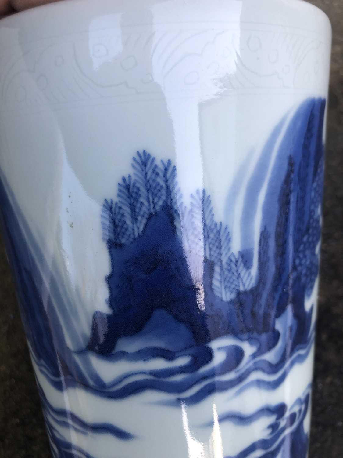 A Chinese blue and white porcelain transitional brush pot, of slender cylindrical form, decorated on - Image 26 of 31