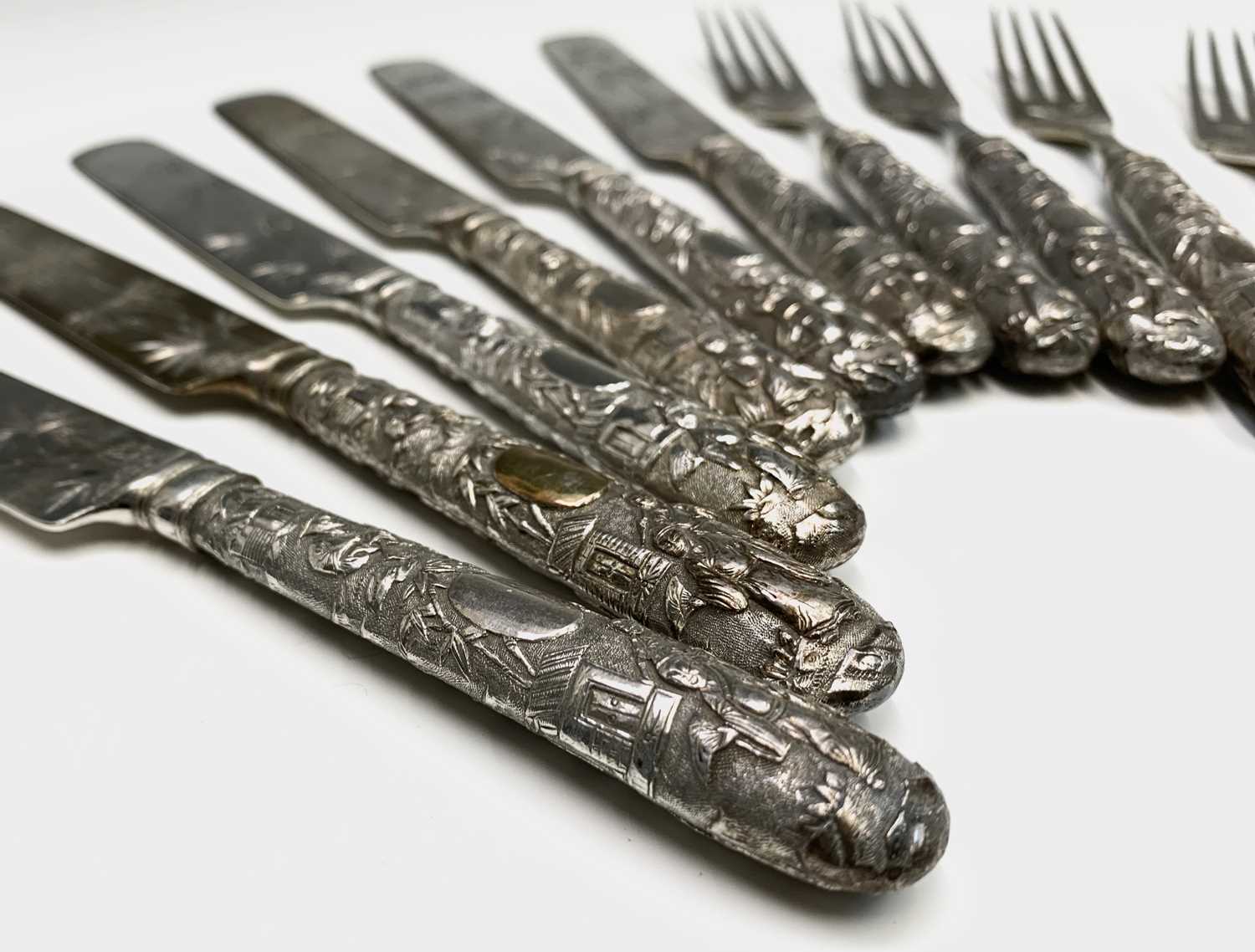 A set of six Chinese silver dessert knives and forks, the prongs with impressed character mark and - Image 7 of 9
