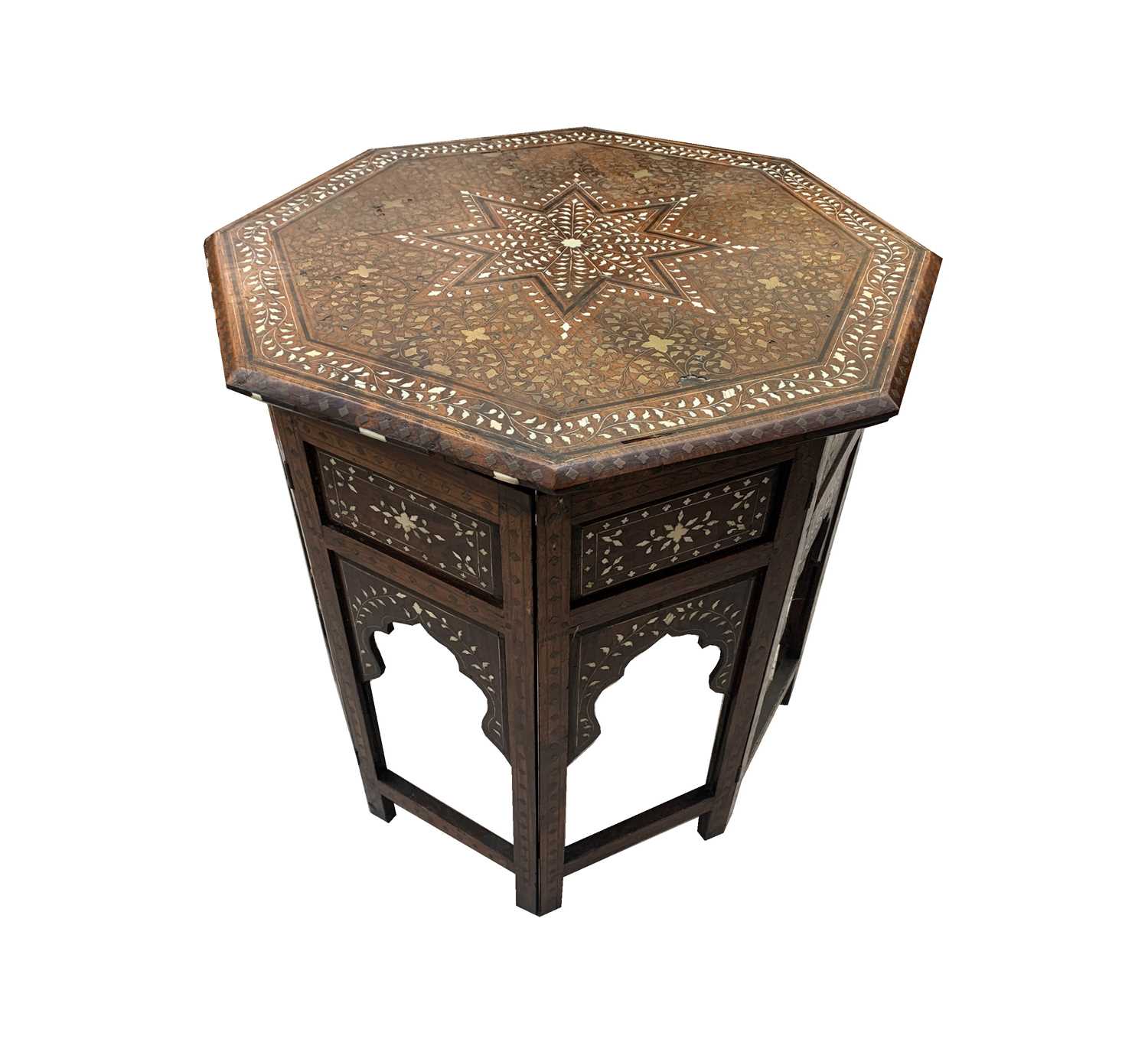 A Hoshiarpur folding octagonal occasional table, Northern India, circa 1880, inlaid with bone and - Image 4 of 4